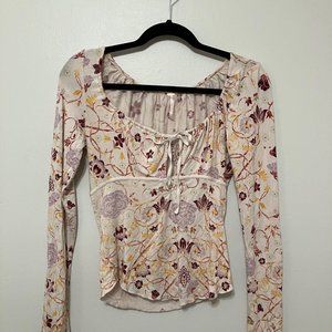 Floral Printed Long Sleeve Double Tie Front Free People Top | Size L